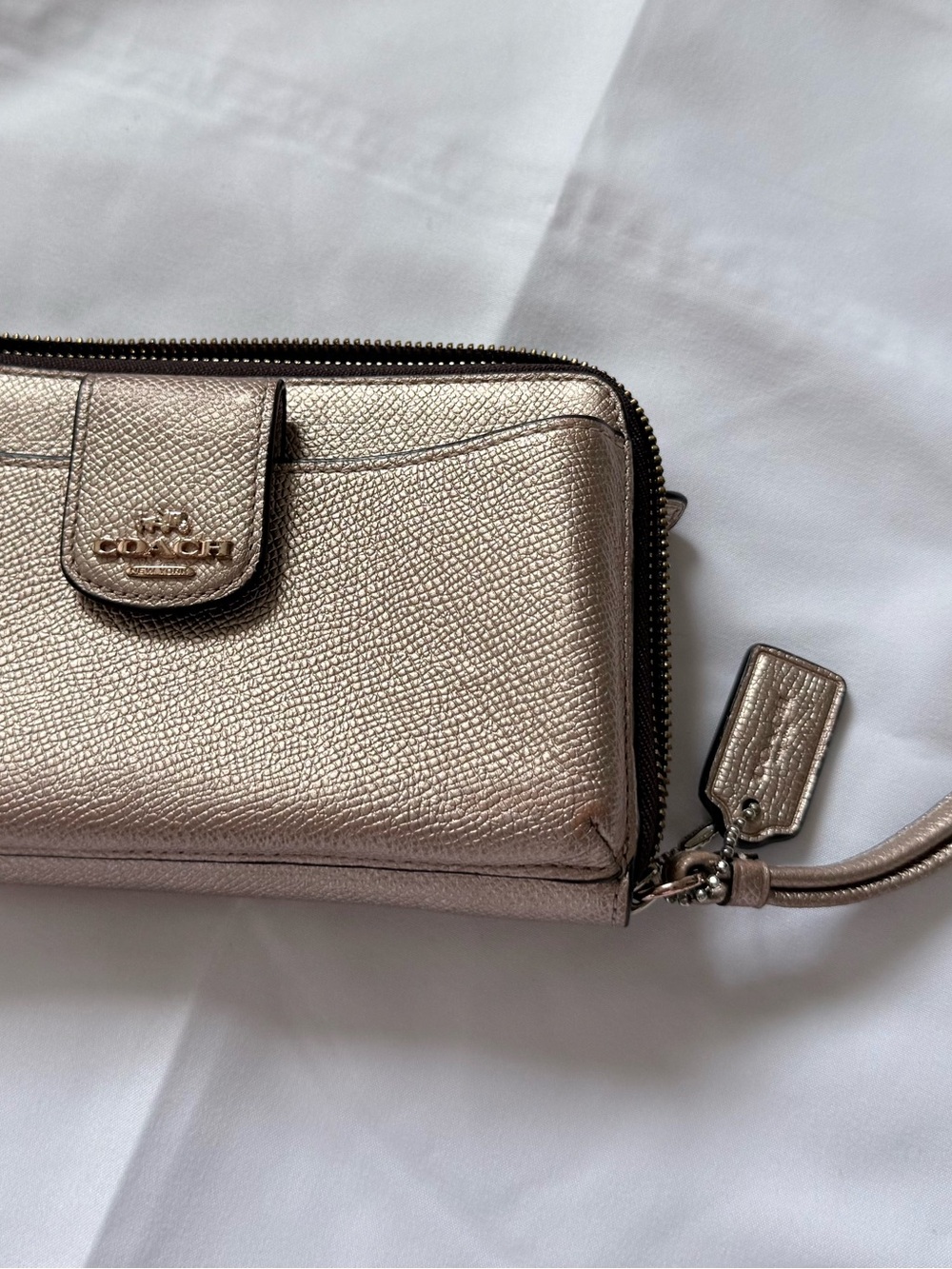 Coach Metallic Rose Gold Pebbled Leather Wristlet